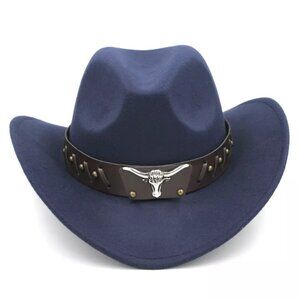 Navy, Blue Western Cowboy Cowgirl Hat for Men Women– Black Bull Strap Retro Felt